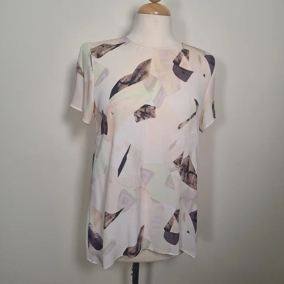 Aritzia Abstract Print Silk Low Key Hole Back Short Sleeve Hi/lo Tunic SZ S - Picture 1 of 8
